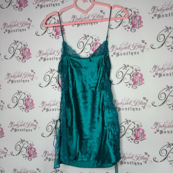 La senza dress babydoll lace corset tie up sides shimmer Teal Satin Chemise - Picture 2 of 15